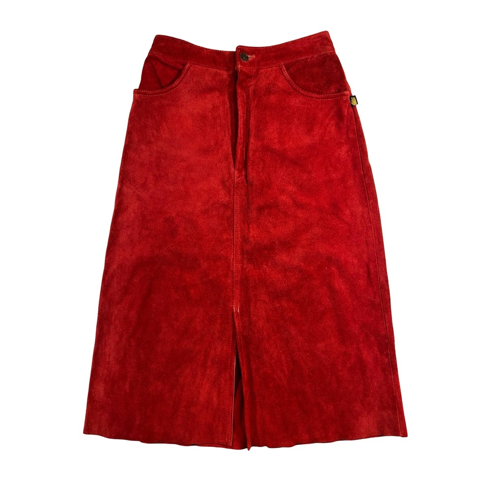 Vintage Sasson Red Suede Leather Midi Skirt High Waisted Front Slit Size 8/9